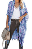 Sky Blue Boho Paisley Print Kimono Beach Cover up with Tassel