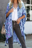 Sky Blue Boho Paisley Print Kimono Beach Cover up with Tassel