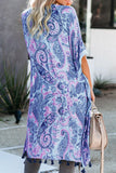 Sky Blue Boho Paisley Print Kimono Beach Cover up with Tassel