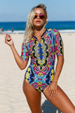 Abstract Print Zip Front Half Sleeve One Piece Swimsuit
