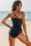 Black Halter Drawstring Ruched Cami and High Waist Panty Tankini
