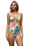 Tropical Plant Print Tie Front Hollow out Maillot