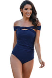 Blue Criss Cross Off Shoulder Ruched One-piece Swimwear