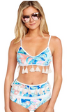 Multicolor Tropical Print Tassel High Waist Bikini