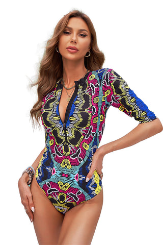 Abstract Print Zip Front Half Sleeve One Piece Swimsuit