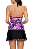 Purple White Spots V-neck Tankini Wrapped Skirt Swimsuit