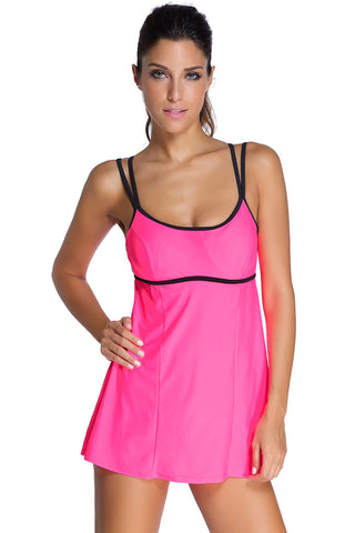 Stylish Double Shoulder Straps Rosy One-Piece Swimdress